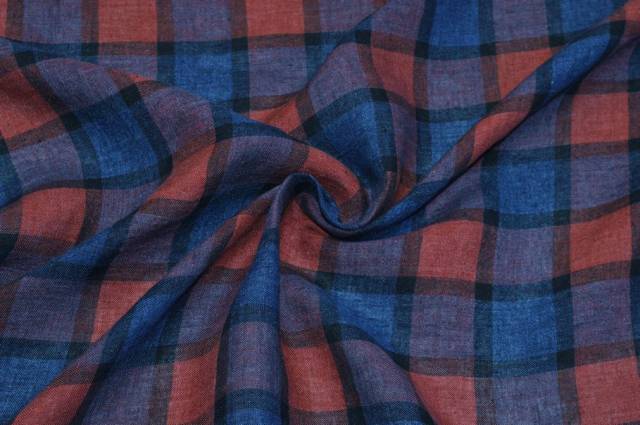 Vendita on line tessuto puro lino scacco rosso blu - tessuti abbigliamento lino