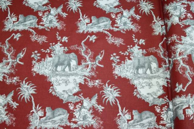 Vendita on line tessuto panama puro cotone toile de jouy rosso disegno giungla - tessuti arredo casa per tovaglie